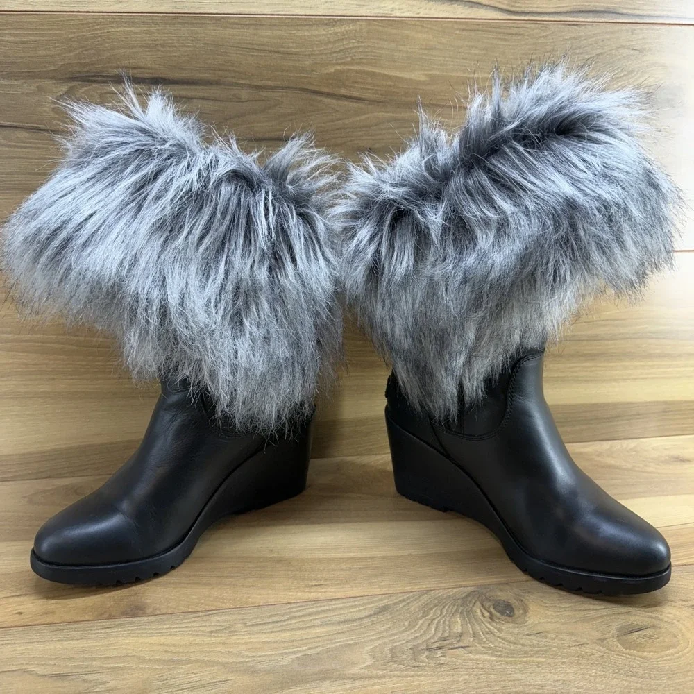 Sorel Park City Lux Leather Boot Womens 8.5 Black Gray Faux Fur Waterproof Wedge
